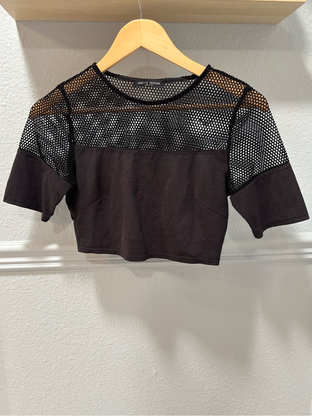 Janette Fashion Black Mesh-Panel Cropped Tee